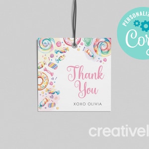 EDITABLE, INSTANT DOWNLOAD Two Sweet, Sweet One Birthday Favor Tag, Pastel Candy Sweet Candy Lollipops, Candy Floss Girl Birthday Favor Tag
