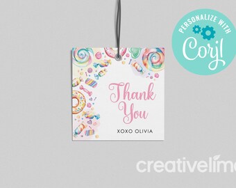 Two Sweet Birthday Favor Tags: Pastel Candy, Lollipops (Editable, Instant Download)