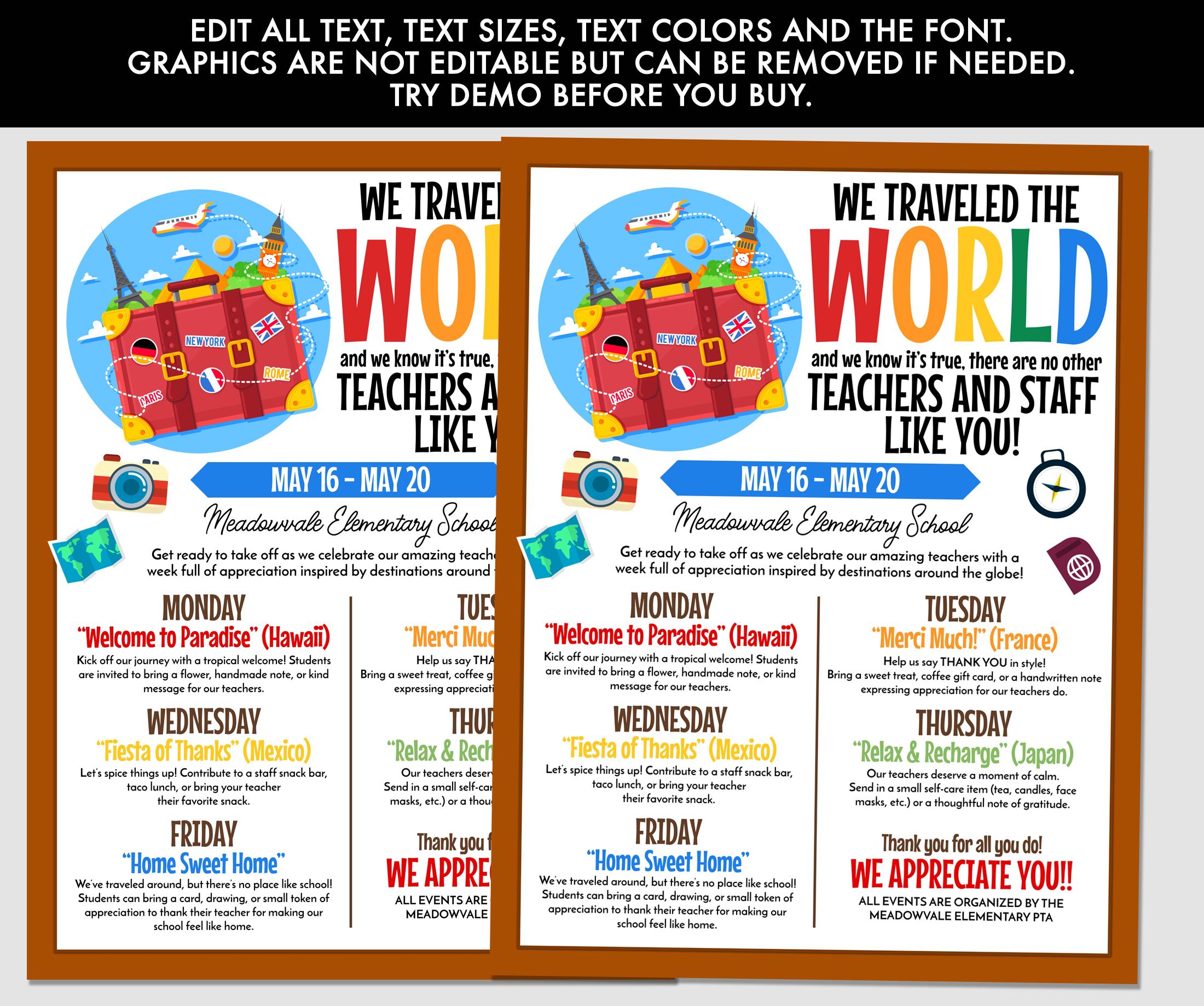 Teacher Appreciation Week Flyer | Around the World Theme, Editable ...