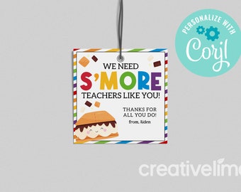 Etiqueta de regalo de agradecimiento para profesores con temática de s'mores: Mensaje de agradecimiento editable (Descarga digital)