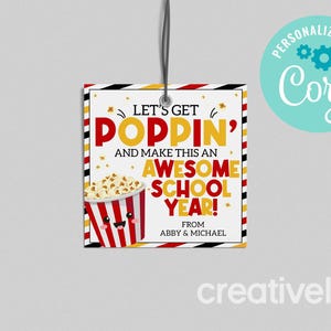 Printable Back to School Gift Tag, Let&#39;s Get Poppin Tag, Popcorn Favor Tag for Students Teachers, First Day of School Treat Bag Tags