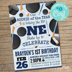 Hockey Birthday Party Invitation, Little Rookie Invitation, Hockey Party, Hockey Invitation, 1st Birthday, First EDITABLE, INSTANT DOWNLOAD