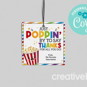 Etiqueta de regalo de palomitas de maíz para profesores, Poppin By Teacher Appreciation, Etiqueta de regalo de palomitas de maíz para profesores, DESCARGA INSTANTÁNEA EDITABLE