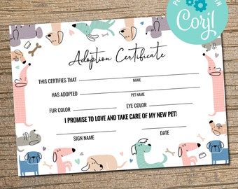 Certificado de adopción de mascota: Recuerdo editable para fiesta de cachorros (descarga instantánea)