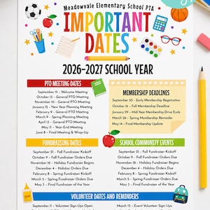 May include: A Meadowvale Elementary School PTA Important Dates 2026-2027 school year flyer featuring colorful school supply graphics including a soccer ball, apple, calculator, glasses, and pencils, with sections for meeting, fundraising, and volunteer dates.