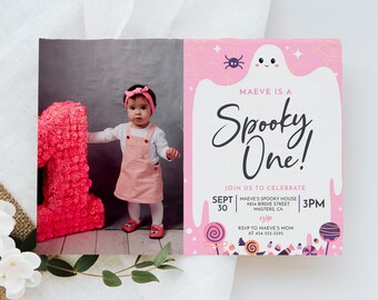 May include: A pink and white birthday invitation with a ghost illustration and the text "Maeve is a Spooky One!"  Join us to celebrate Sept 30, 3PM at Maeve's Spooky House, 9854 Birdie Street, Masters, CA. RSVP to Maeve's Mom at 454-555-55095.