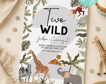 Two Wild Birthday Invitation, Safari 2nd Birthday Invite, Jungle Animal Birthday Party, Wild Two Invitation, Editable Corjl Template