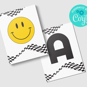 EDITABLE, INSTANT DOWNLOAD Checkered Smiley Face Birthday Banner Template, Rad Birthday Smile Face Retro Birthday Cool Dude Corjl Template