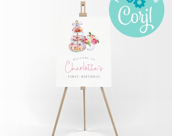 Tea Party Birthday Welcome Sign: Editable Template (Instant Download)