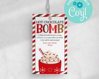 Etiqueta de regalo editable con bomba de chocolate caliente: Instrucciones para un dulce navideño (descarga instantánea)
