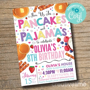 Pancake Birthday Invitation, Pancakes and Pajamas Party Birthday, Pancake Pj, Any Age, Pj Party, Pancake Party EDITABLE, INSTANT DOWNLOAD