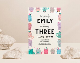 Invitación de cumpleaños de gato: Tema de Kitty Pawty (DESCARGA INSTANTÁNEA)