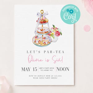 May include: A white invitation card featuring a watercolor illustration of a three-tiered dessert stand with pastries and a floral arrangement. Text reads: LET'S PAR-TEA, Olivia is Six!, MAY 15, ABBY'S PARTY ROOM, 7012 SHORE WAY, NOON, RSVP TO OLIVIA'S MOM AT 555.1234, WEAR YOUR PARTY DRESS!