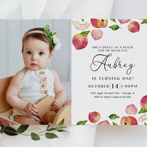 Peach Birthday Invitation, Little Peach, Girl First Birthday, Watercolor Peaches, Sweet as a Peach, Peach Theme EDITABLE, INSTANT DOWNLOAD