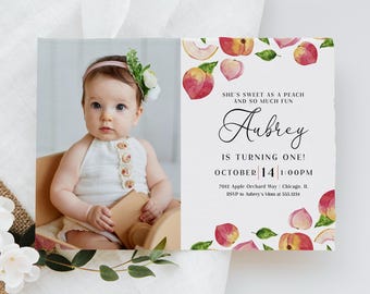 Peach First Birthday Invitation: Watercolor Fruit (EDITABLE, INSTANT DOWNLOAD)