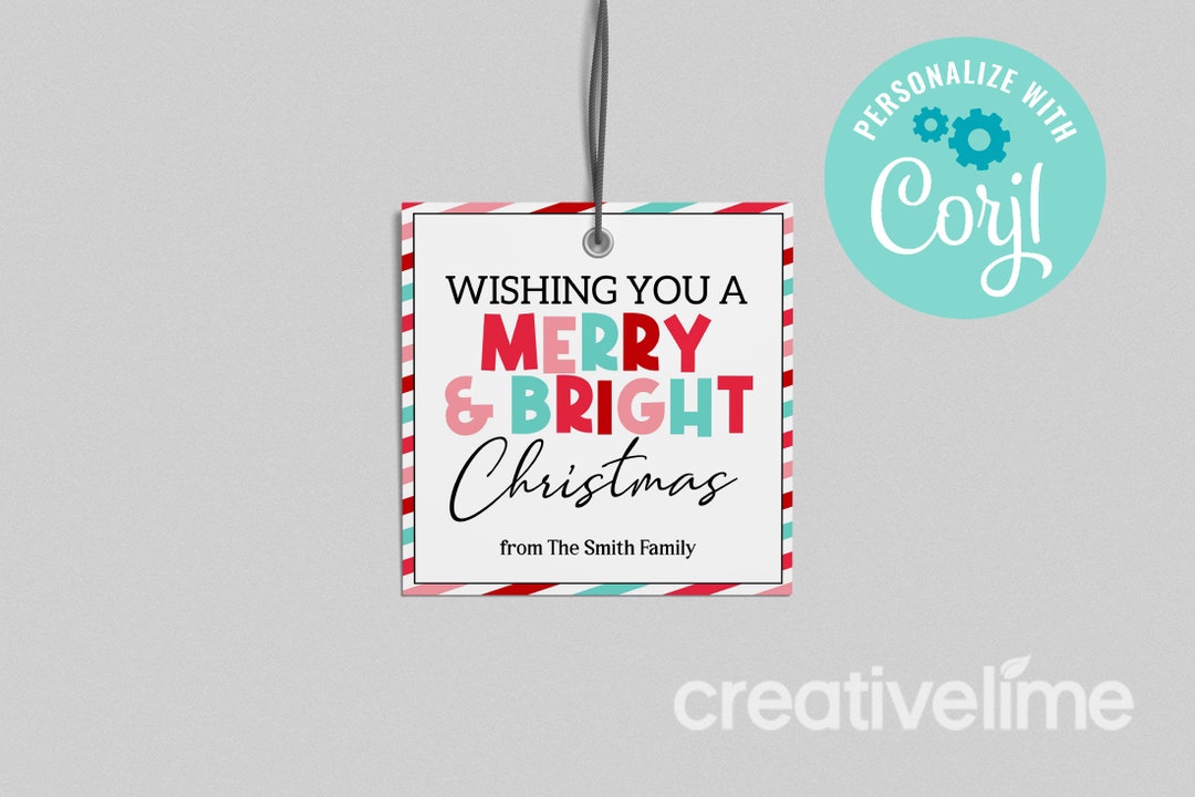 Merry & Bright Christmas Gift Tag, Editable Holiday Tag (digital ...