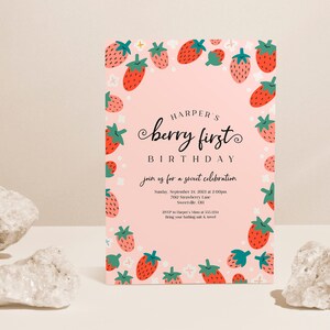 Berry First Birthday Party Invitation, Strawberry Birthday Invitations, 1st Birthday Party, Strawberry Invitation EDITABLE, INSTANT DOWNLOAD