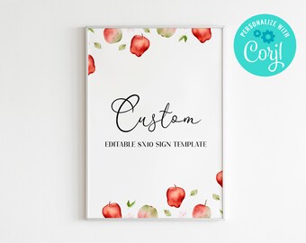 Puede incluir: Plantilla de cartel imprimible de 8x10 con fondo blanco e ilustraciones de manzanas rojas. El texto "Plantilla de cartel personalizable editable de 8x10" está impreso en el cartel.