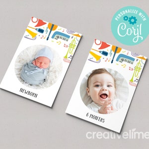 May include: Two white cards with colourful musical instrument illustrations and a circle cutout for a photo. The top card says "NEWBORN" and the bottom card says "6 MONTHS".
