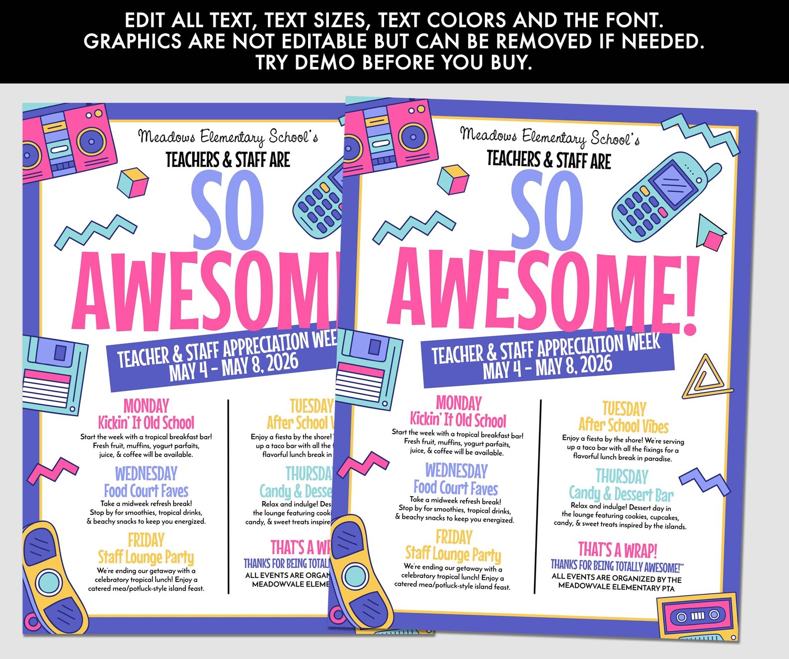 Teacher Appreciation Week Flyer Editable in Corjl | 80s 90s Theme Staff ...