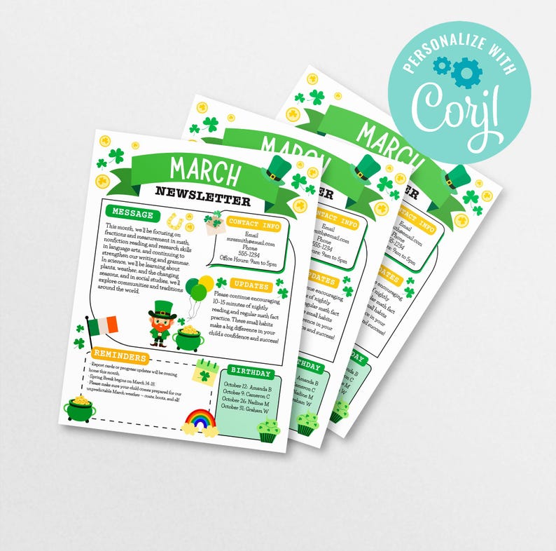 St. Patrick's Day Classroom Newsletter Template (editable in Corjl) - Etsy