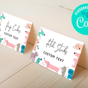 EDITABLE, INSTANT DOWNLOAD Dog Birthday Food Tents, Puppy Pawty Food Labels, Dog Theme Birthday Decorations, Editable Food Tents Girl Pink