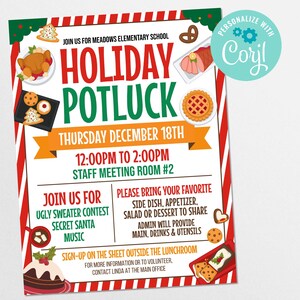 Może przedstawiać: Świąteczny plakat zapraszający na potluck z czerwonymi i zielonymi akcentami. Plakat zawiera tekst "Holiday Potluck" oraz szczegóły dotyczące wydarzenia w Meadows Elementary School 18 grudnia. Wspomina również konkurs na brzydki sweter i tajnego Mikołaja.