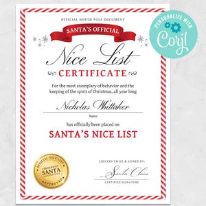 Editable Santa&#39;s Nice List Certificate: Printable Christmas Keepsake (Instant Download)