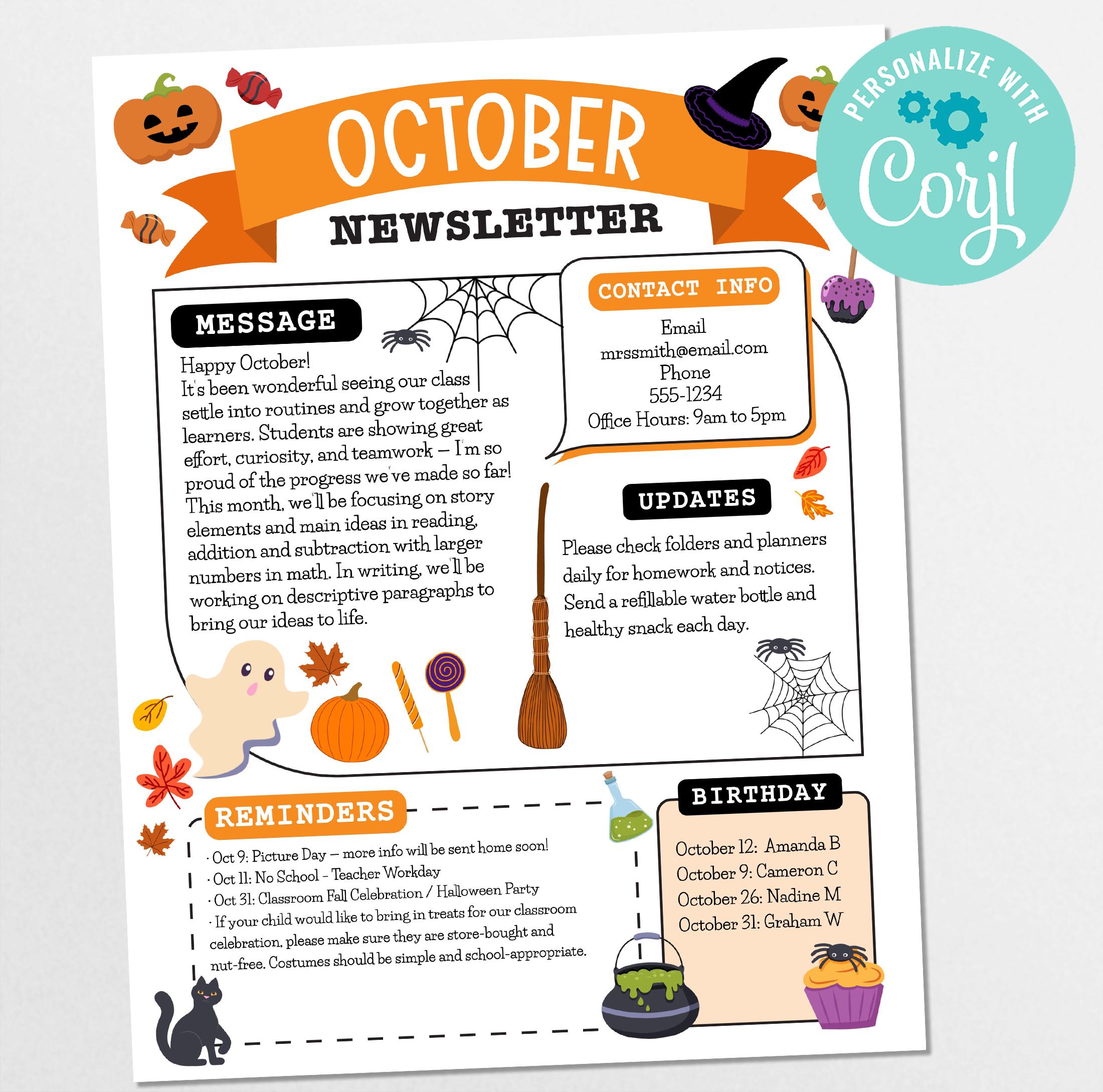 Editable October Classroom Newsletter Template: Fall & Halloween Theme ...