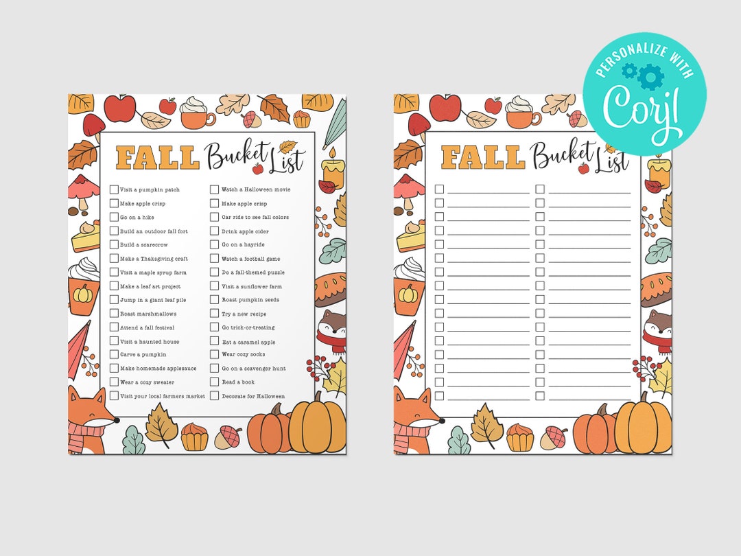 Fall Break Checklist Editable Fall Bucket List Printable: Autumn Activities Checklist ...