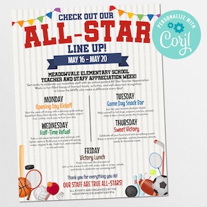 Teacher Appreciation Week Flyer Editable in Corjl | All Star Sports Theme Staff Appreciation | PTO PTA School Event | 5 Day Itinerary