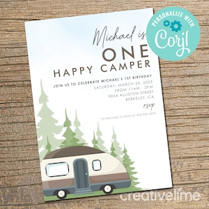 Happy Camper Birthday Invitation, One Happy Camper, First Birthday, Camping Birthday Party, Boy Birthday Invite EDITABLE, INSTANT DOWNLOAD