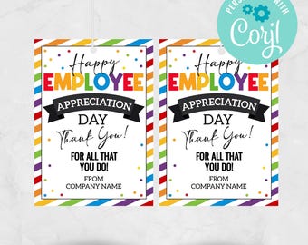 Puede incluir: Dos etiquetas de regalo imprimibles con un fondo a rayas de arcoíris y confeti. El texto en las etiquetas dice "Happy Employee Appreciation Day Thank You! For all that you do! From Company Name".