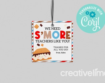 Etiqueta de regalo de agradecimiento para profesores con temática de s'mores: Mensaje de agradecimiento editable (Descarga digital)