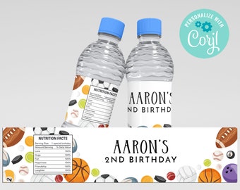 May include: Two clear plastic water bottles with white labels. The labels have a sports theme with a basketball, baseball, football, soccer ball, and other sports equipment. The text on the labels reads "AARON'S 2ND BIRTHDAY".