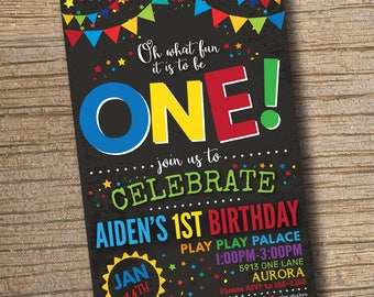 ONE Birthday Party Invitation, Oh What Fun Birthday Invitations, 1st Birthday Party, ONE Girl Boy Birthday Invitation Chalkboard (Printable)