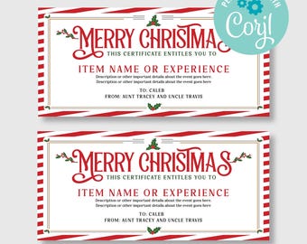 EDITABLE, INSTANT DOWNLOAD Christmas Gift Certificate Template, Customizable Gift Certificate Printable Personalize with Corjl, Holiday Xmas