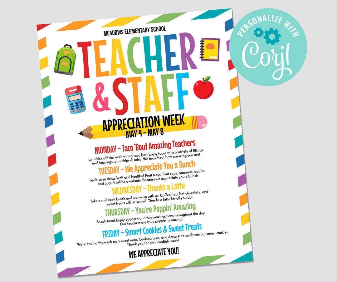 Teacher Appreciation Week Flyer | Editable School Staff Schedule (corjl ...