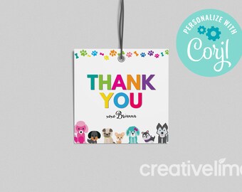 May include: A white gift tag with a black string, featuring the words "THANK YOU" in colorful letters. Below the text is "xoxo Brianna". The tag is decorated with cartoon dogs and paw prints.