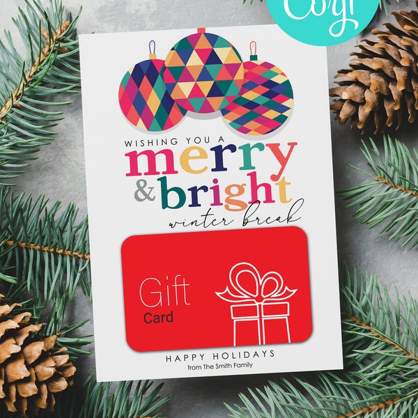 EDITABLE, INSTANT DOWNLOAD Printable Wishing You a Merry and Bright Winter Break Gift Card Holder School Christmas Vacation Gift Card Holder