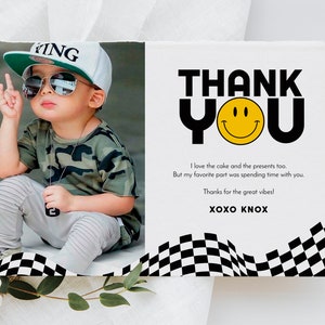 Rad One, Two Rad Birthday Thank You Template Checkered Smiley Retro Birthday Photo Thank You Card Digital Template EDITABLE INSTANT DOWNLOAD