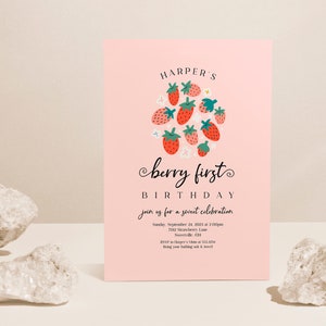 Beere erste Geburtstags-Party-Einladung, Erdbeer-Geburtstags-Einladungen, 1. Geburtstags-Party, Erdbeer-Einladung EDITIERBAR, INSTANT DOWNLOAD