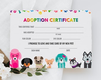 Editable Pet Adoption Certificate: Puppy Birthday Party (Instant Download)