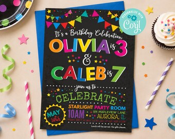 Joint Birthday Invitation Template, Editable Twin Birthday Invitation, Sibling Birthday Party Invite, Rainbow Birthday Invitation Printable