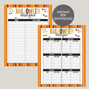 Könnte beinhalten: Zwei druckbare Halloween-Potluck-Anmeldeformulare mit orangefarbenen, violetten und schwarzen Streifenrändern. Die Überschriften lauten HALLOWEEN POTLUCK SIGN UP mit Süßigkeiten- und Fledermausgrafiken. Ein Blatt hat eine Liste, das andere ist unterteilt.