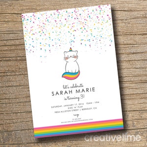 NOUS MODIFIONS, vous imprimez l'Invitation de fête d'anniversaire de Caticorn, chat, anniversaire de Licorne, Invitation numérique de filles, licorne de chat, invitation de partie IMPRIMABLE