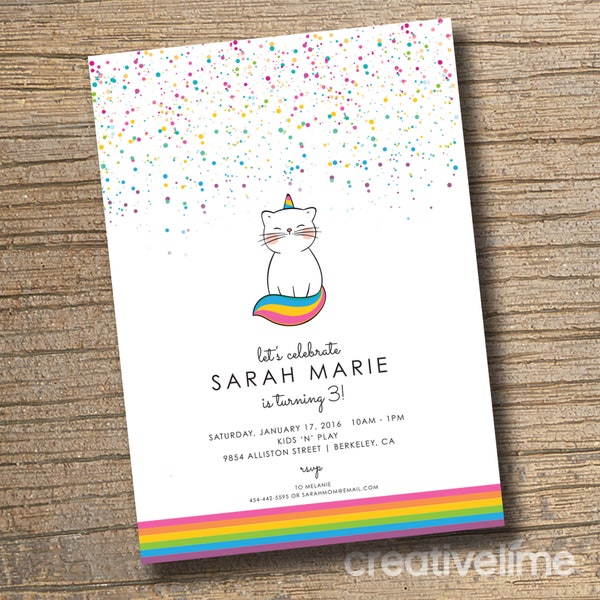 WE EDIT, You Print Caticorn Birthday Party Invitation, Cat, Unicorn Birthday, Girls Digital Invitation, Cat Unicorn, Party Invite PRINTABLE