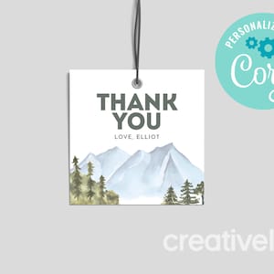 One Happy Camper Favor Tag Camping Mountains Trees Birthday Decorations Camping Birthday Thank You Favour Tag EDITABLE, INSTANT DOWNLOAD