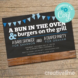 EDITABLE, INSTANT DOWNLOAD Couples Baby Shower Invitation, Co-ed Baby Shower Invite, Diaper Party, Bun in the Oven, Bbq Baby Shower Invite