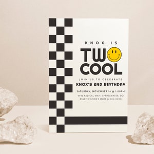 Two Cool Birthday Invitation Template, Checkered Smiley Invitation, Retro 2nd Birthday Invite EDITABLE, INSTANT DOWNLOAD